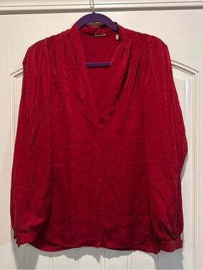 Elie Tahari Silk Red V-Neck Pleated Blouse